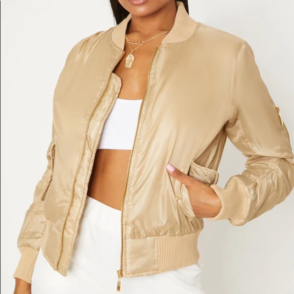 PrettyLittleThing Alexus Beige Bomber Jacket